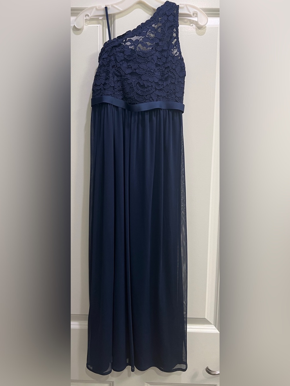 Navy One-Shoulder Lace Maxi Dress